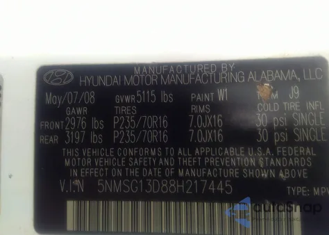 2008 Hyundai Santa Fe Gls z USA, uszkodzony, nr VIN 5NMSG13D88H217445